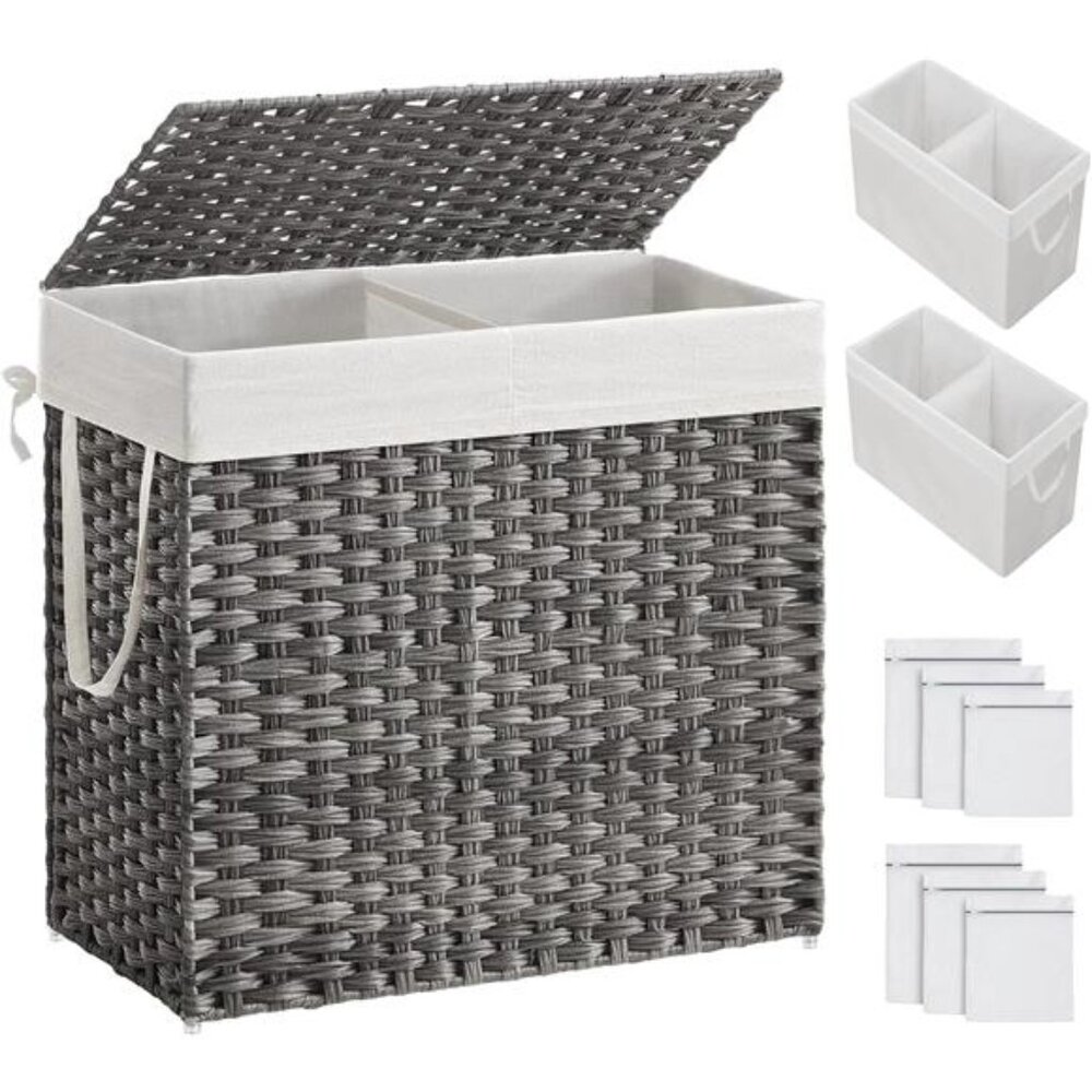 130L Clothes Hamper with Lid, 2 Removable Liner Bags, 6 Mesh Bags, Wicker
